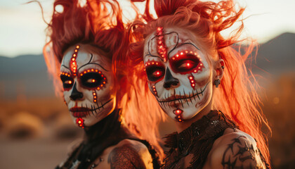 Female sugar skulls and flames in the desert  - Day of the Dead (D&iacute;a de Muertos)