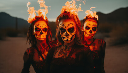 Female sugar skulls and flames in the desert  - Day of the Dead (D&iacute;a de Muertos)