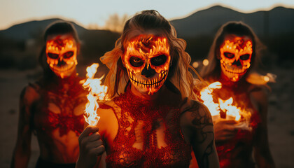 Female sugar skulls and flames in the desert - Day of the Dead (Día de Muertos)
