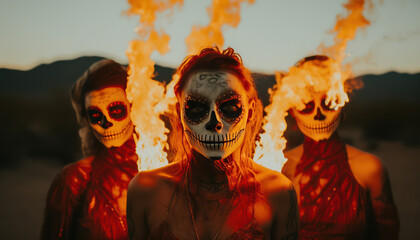Female sugar skulls and flames in the desert  - Day of the Dead (D&iacute;a de Muertos)