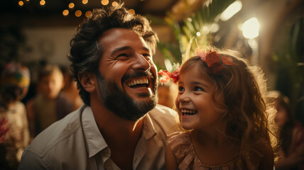 cheerful young father and little cute daughter playing and having fun together