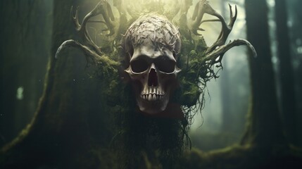 Double exposure of full portrait of a detailed skull