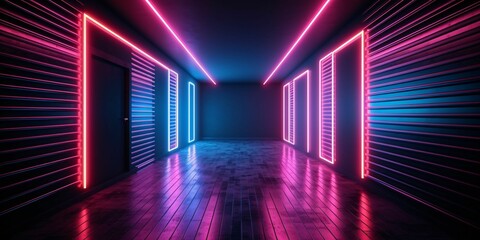 Modern Dark Room with Glowing Neon Lines with Retro 80s Style. Futuristic Interior with Laser Effect