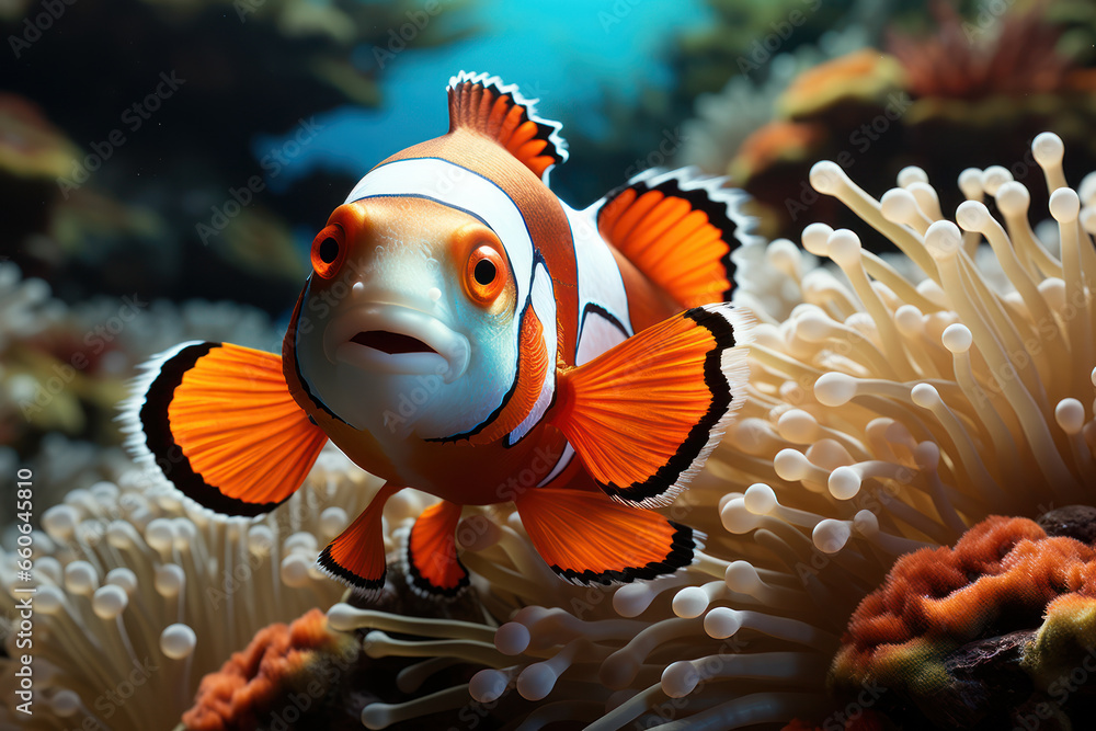 Poster a clownfish poking its head out of an anemone with curious expressions, looking amusingly perplexed.