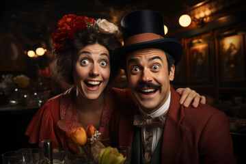 A slapstick comedy duo performing a sketch with exaggerated physical humor, reminiscent of classic vaudeville. Concept of vaudeville comedy. Generative Ai.