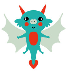 Doodle cute flying dragon vector clipart. Animal Happy New Year 2024 cartoon character. Perfect for tee, poster, greeting card, sticker.