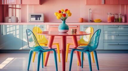 Bright and playful kitchen interior with colorful chairs, dining table and stylish kitchen unit. Beautiful unique home design expressing individuality and creativity