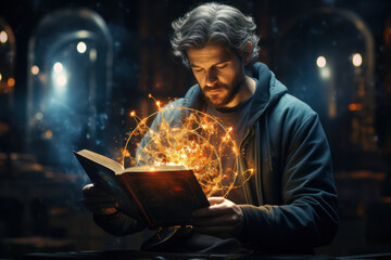 A person deeply immersed in reading a book, highlighting the intellectual stimulation of literature on the brain. Concept of reading and cognition. Generative Ai. - obrazy, fototapety, plakaty