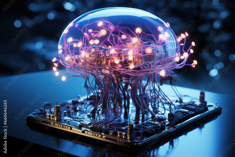 Poster a futuristic brain implant connecting to a computer interface, illustrating the potential of brain-c