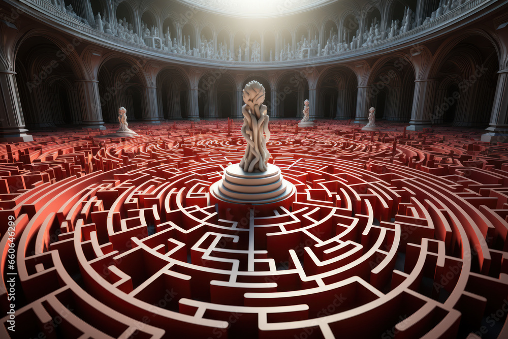 Poster a brain-shaped labyrinth with winding paths, representing the twists and turns of decision-making an