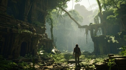 Man in a ruin of an ancient city invaded by the jungle