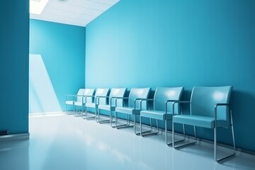 Minimalist chairs accentuating blue wall in hospital waiting area. Generative AI