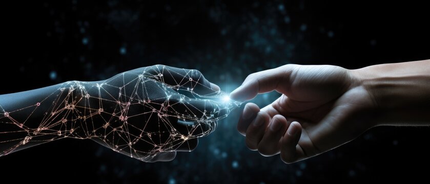 there are two hands in the picture, one is the hand of science and technology, and the other is the hand of man, and the two hands are almost touching with the light of knowledge shinning 