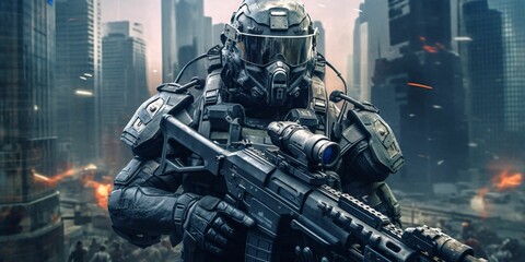 Fototapeta premium Futuristic Soldier Holding Gun in a Destroyed City. Science Fiction Background