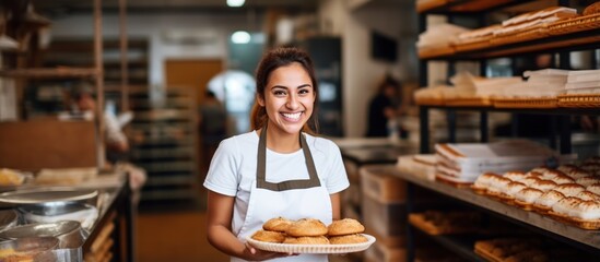Woman working in bakery, holding tray with bread in hands and smiling.
