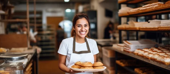Foto op Plexiglas Woman working in bakery, holding tray with bread in hands and smiling. © maretaarining