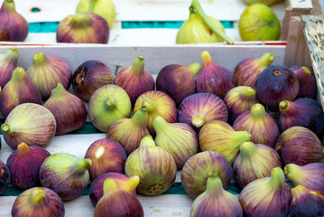 Greek figs on the street market in Chania, Crete. Local fruits on a greek farmers' market