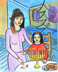 Parent and Child Celebrating Christmas and Chanukah