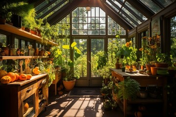 Fototapeta na wymiar Vivid greenhouse oasis: flourishing organic harvest in serene domestic setting. Generative AI