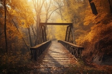 Autumn forest scenery with a road and bridge. Generative AI