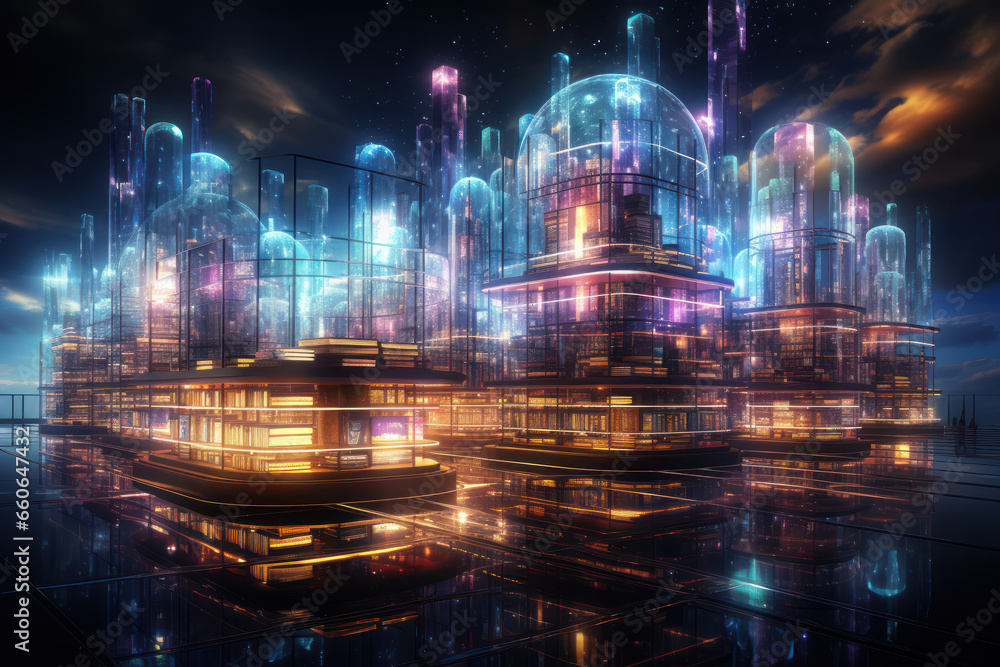 Poster a futuristic library with holographic books, hinting at the evolving forms of knowledge disseminatio