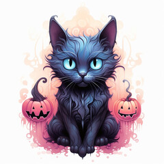Halloween theme: black cat with pumpkin with pink decoration, illustration on white background, AI generated