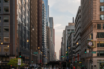 Panorama cityscape of Chicago downtown with bridges at day time, Chicago, Illinois, USA. A vibrant business neighborhood