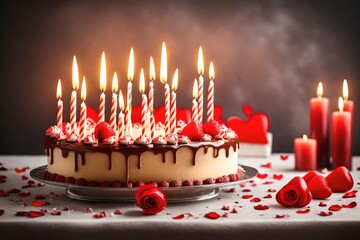 Cake with candles closeup isolated on living room home background. Birthday beautiful cake. Happy  day holidays. Valentines and Mothers day. Tasty sweets gifts