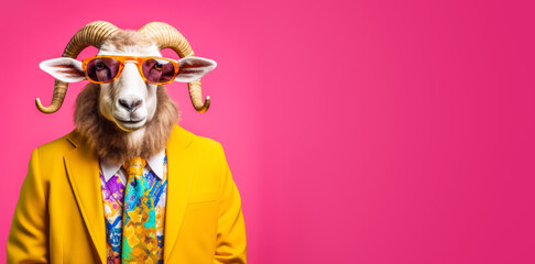 Cool looking ram or male sheep wearing funky fashion dress - jacket, tie, glasses. Wide banner with space for text at side. Stylish animal posing as supermodel. Generative AI