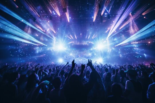 Crowd of concert audience people cheering at large venue