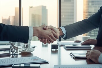 Business deal handshake at conference room table - obrazy, fototapety, plakaty