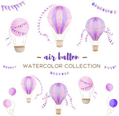 hot Air Balloon with garlands watercolor hand drawn illustration perfect for baby prints, kid posters, home decor, invitations in cute colors collection
