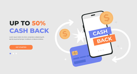 Cash back landing page with gold coins, phone, credit card, percentage sign. Online payment transaction, money saving. Vector illustration isolated on light background, modern flat cartoon style.