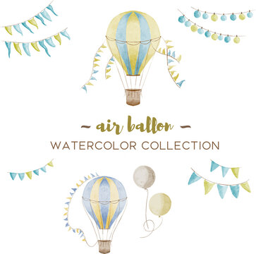 hot Air Balloon with garlands watercolor hand drawn illustration perfect for baby prints, kid posters, home decor, invitations in cute colors collection