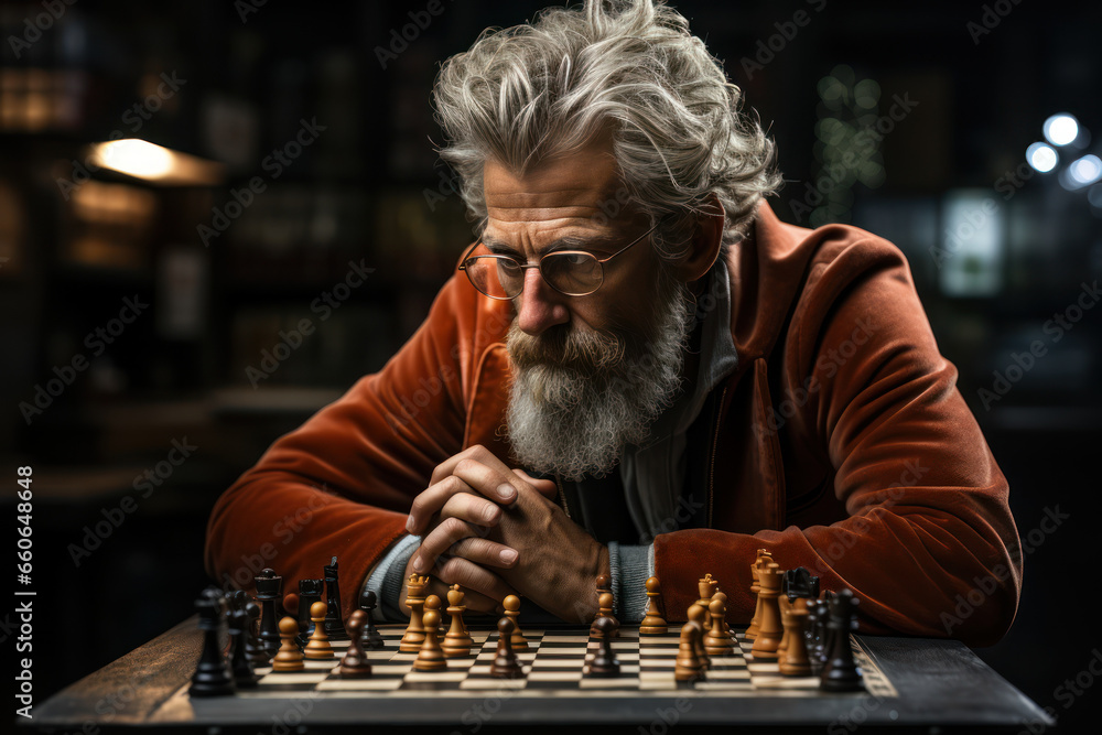 Poster a chess player contemplating their next move, demonstrating strategic thinking and game knowledge. c