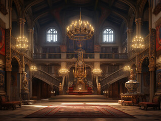 Fototapeta premium interior view of a medieval castle's grand hall, illuminated by a grand chandelier, rich tapestries on the walls