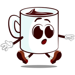 Vector mascot character from a funny mug is jumping in surprise