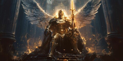 Golden Angel Knight with Full Armor and Sword. Heaven Guardian - obrazy, fototapety, plakaty