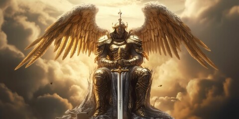 Golden Angel Knight with Full Armor and Sword. Heaven Guardian