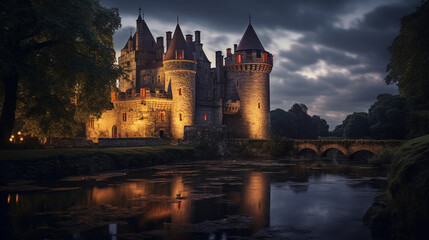 Obraz premium medieval castle at dusk, surrounded by a moat, stone walls intact, torches lit, warm ambient lighting