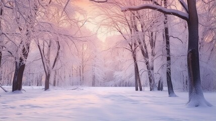 Trees in snow landscape background. Beautiful winter forest. Hello Winter concept..