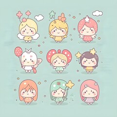 kawaii adorable fairies illustration vector simple clean minimalist wallpaper bright collection in a set 