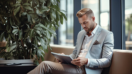 Handsome young man enjoying in cafe reading new from e-book and drinking coffee.