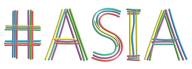 ASIA Hashtag. Isolate neon doodle lettering text, multi-colored curved neon lines, like felt-tip pen, pensil. Hashtag #ASIA for banner, t-shirts, mobile apps, typography, web resources