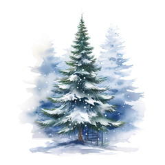 Snowy Pine Tree For Christmas Event. Watercolor Style. AI Generated