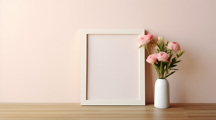 Empty photo frame mock up with flowers in a vase on beige wall