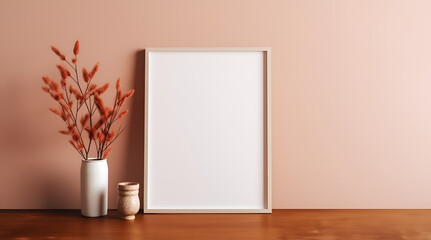 Empty photo frame mock up with flowers in a vase on brown wall