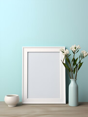 Empty photo frame mock up with flowers in a vase on blue wall
