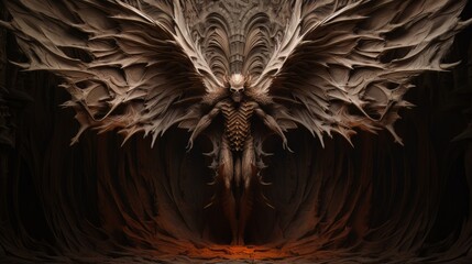 Demon with wings against the background of hell. Christian apocalypse AI