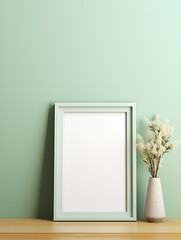 Empty photo frame mock up with flowers in a vase on green wall